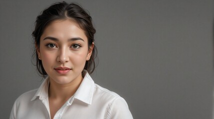 Fototapeta premium Portrait of a young woman in a white shirt with a calm expression on a gray background with copy space