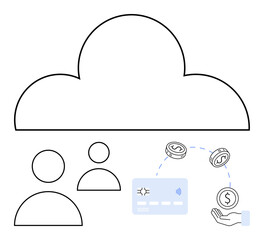 Cloud connection with two people, a credit card, coins, hand, and dollar symbols suggesting financial transactions. Ideal for digital banking, cloud storage, online payment, e-commerce fintech
