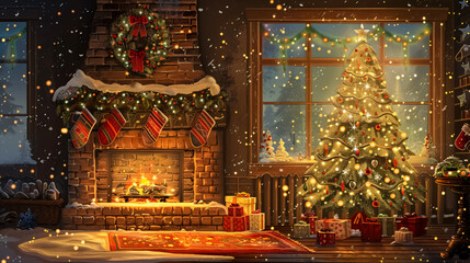 Cozy Christmas Fireplace: Warmly lit fireplace adorned with stockings, a beautifully decorated Christmas tree, and softly falling snowflakes, creating a joyful and cozy atmosphere.
