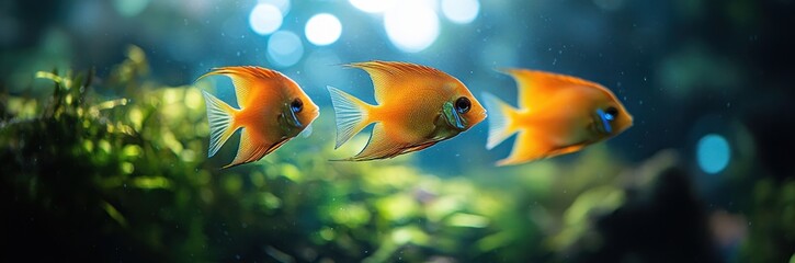 Naklejka premium Angelfish Tropical Aquarium with Green Aquatic Plants and Soft Lighting