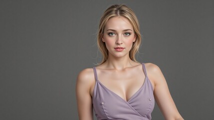 Fototapeta premium Young woman posing elegantly on a gray background with copy space