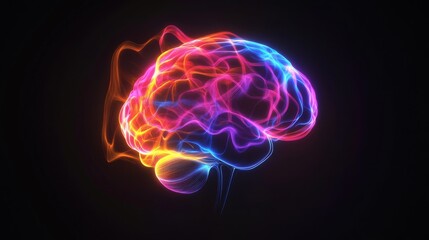 Fototapeta premium Glowing human brain illustration in center surrounded by dark background, featuring red, blue, yellow, pink, and orange colors