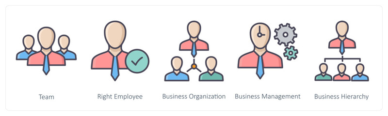 A set of 5 Business icons as team, right employee, business organization