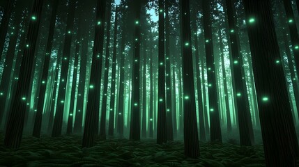 The image shows a dark forest at night. Tall, slender trees stand close together, their trunks almost touching.  A soft, ethereal green glow emanates from numerous points within the forest, creating