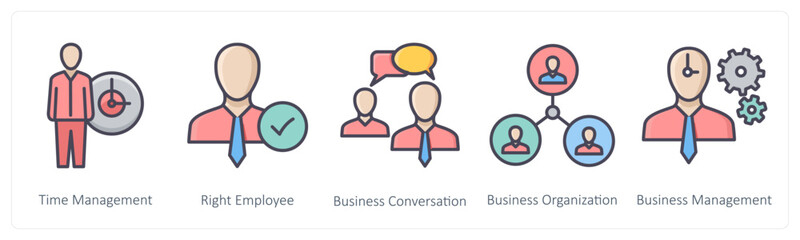A set of 5 Business icons as time management, right employee, business conversation