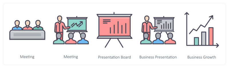 A set of 5 Business icons as meeting, presentation board, business presentation