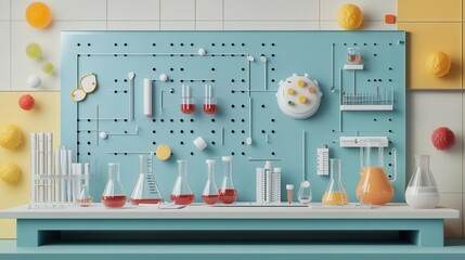 A colorful laboratory scene with various glassware, liquids, and playful design elements, creating a vibrant scientific atmosphere.