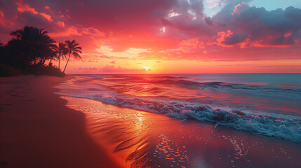 Tropical Beach Sunset with Vibrant Coral and Orange Sky