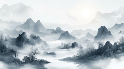 Obraz premium Mountainous Landscape with River Flowing Through, Sunlit Sky and Foggy Mountains, Tranquil Scene with Birds and Trees