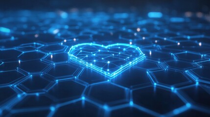 Obraz premium Heart Shape Made of Blue Digital Lines on Hexagonal Background