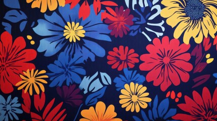 Vibrant Floral Pattern with Red, Blue, Yellow and Dark Background