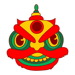 Lion head dance icon. Traditional Chinese Lunar New Year celebration. Simple flat element, doodle contour style, vibrant colors. Web, digital design, print, papers, coloring pages, invitations, cards
