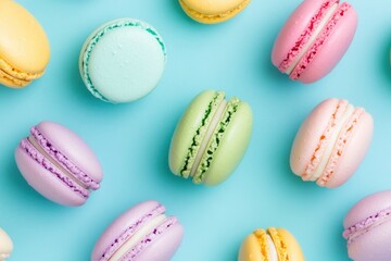 Colorful macarons on a pastel blue background, a flat lay top view. The background features colorful sweet cookies.