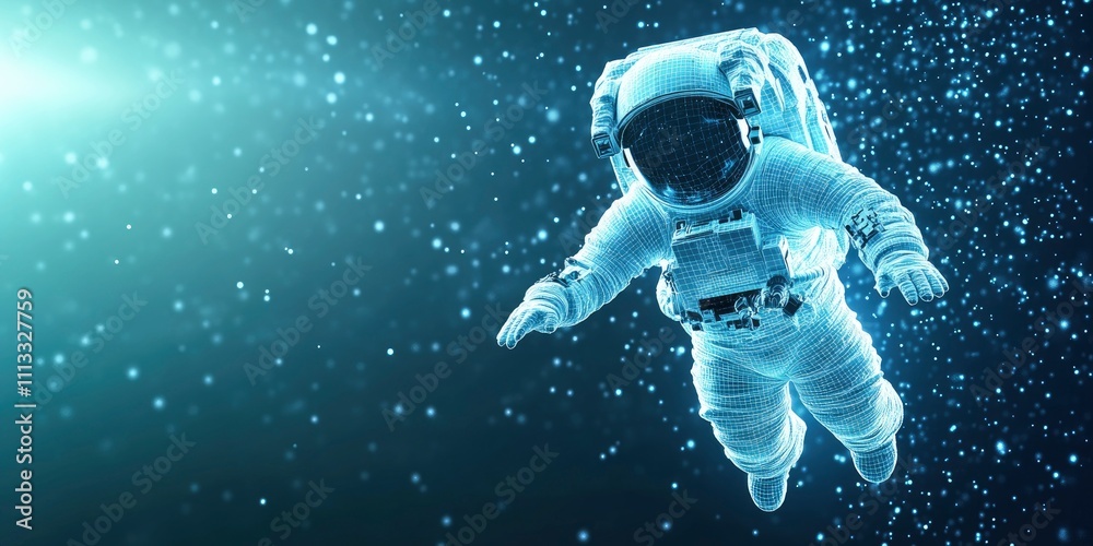 Wall mural astronaut with digital data figure floating on dark blue background with glowing particle