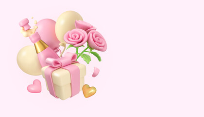 Valentines Day vector 3d cartoon banner template. Cute plastic gift box, champagne bottle, balloons and rose bouquet. Pink pastel Mothers Day design