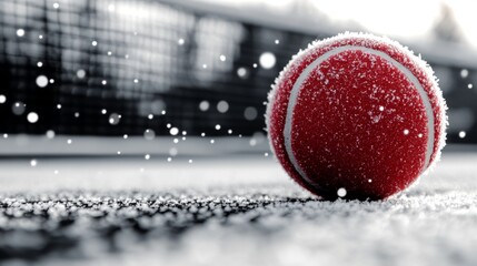 A frosty tennis ball sits on a snow-covered court. Winter sports and recreation.