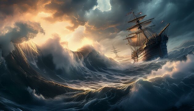 Massive waves crash against the ship's hull.  