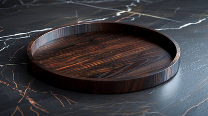 Obraz premium A round wooden tray with a dark finish, set against a dark marble-like background, creating a stylish and sophisticated look.