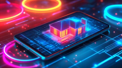 Smartphone showcasing a detailed holographic house design with vibrant neon graphics