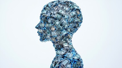 A silhouette of a head filled with dollar bills, symbolizing wealth, consumerism, and the influence of money on identity.