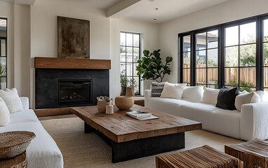 Modern living room with fireplace, large windows, white sofas, and wooden coffee table.