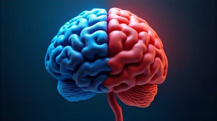 A 3D Render of a Human Brain Divided into Two Hemispheres, One Blue and One Red, Representing the Dual Nature of the Mind