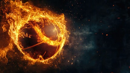 Fototapeta premium A flaming basketball spins in mid-air, radiating heat and energy against a dark background, with space for text.