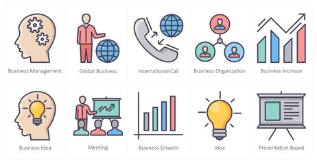 A set of 10 business icons as business management, global business, international call