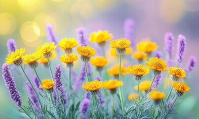 Fototapeta premium Vibrant Yellow and Purple Wildflowers in a Cheerful Garden Scene Under Natural Light