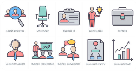 A set of 10 business icons as search employee, office chair, business id
