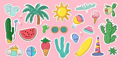 Colorful Summer Beach Stickers with Palm Tree, Sun, Ice Cream, and Tropical Elements