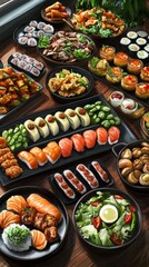 Fototapeta premium Asian food buffet in restaurant multiple food dishes and salad. food vectors. Ultra realistic. Photorealistic