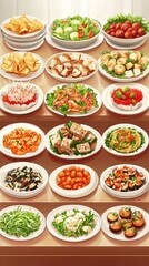 Fototapeta premium Asian food buffet in restaurant multiple food dishes and salad. food vectors. Ultra realistic. Photorealistic