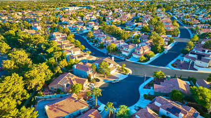Aerial Suburban Las Vegas Homes with Solar Panels in Golden Hour