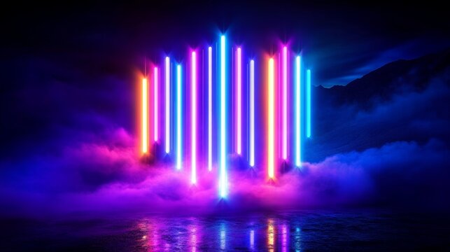 Neon Light Installation Futuristic Background with Color Gradient Vertical Tubes in Triangular Formation