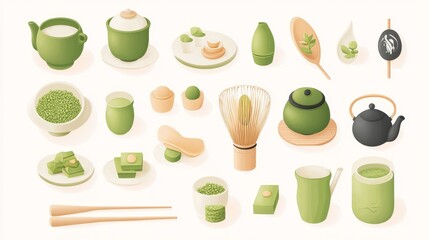 vector tea ceremony elements, contemporary illustration style, peaceful color palette, traditional tools, matcha sweets and drinks, harmonious composition, simplified shapes