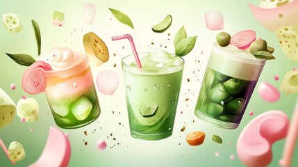 sweet beverage collection artwork featuring matcha drinks, light hearted illustration style, soft green gradients, pink accents, floating decorative elements, charming dessert drawings