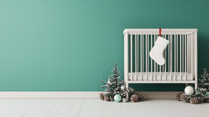 Nursery Christmas Concept Cozy nursery with a Christmas stocking and festive decorations.