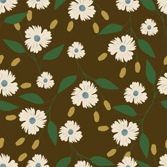 Small colorful flowers and brown flowers, hand drawn. Seamless on a light yellow background. Designed for fabric, fashion, textiles, wallpaper,