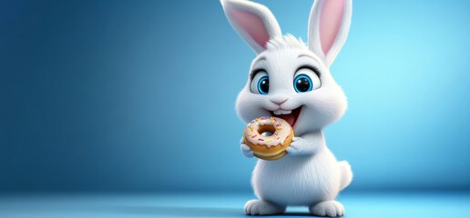 Fototapeta premium Cute Fluffy White Rabbit with Donut on Blue Background Easter Decoration