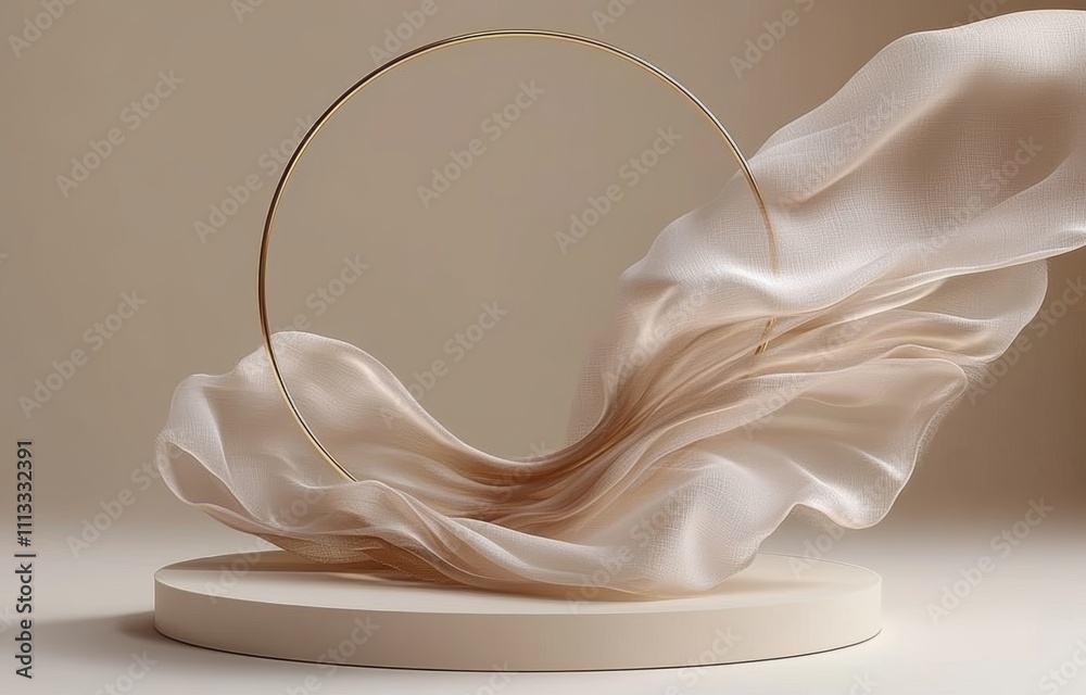Poster minimalist display podium with golden hoop and sheer fabric for product presentation in elegant beig