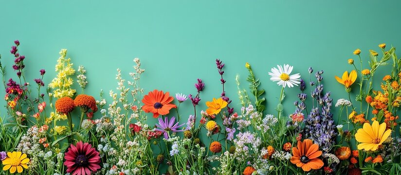 A vibrant display of colorful flowers against a solid teal background.