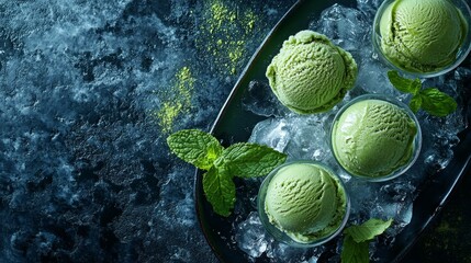 premium green tea ice cream scoops, crystalline ice bed, contemporary glass vessels, verdant mint leaf decoration, jade color palette, scattered matcha dust, noir ceramic serving plate, moody