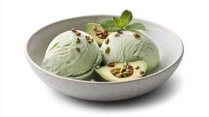 close-up premium food photography, three scoops of light green ice cream, fresh avocado half, scattered pistachios, fresh mint leaves garnish, white ceramic bowl, clean white background, soft