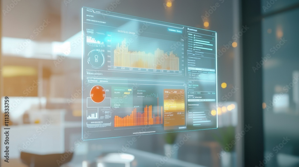 Poster a futuristic digital interface displaying data analytics and visualizations, highlighting graphs and
