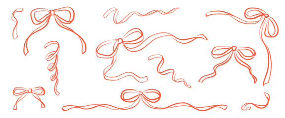 Hand drawn illustration set of bow ribbon. Hand drawn vector material isolated on white background. Festive gift box, card decoration.