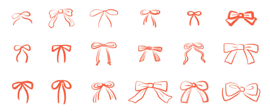 Set of hand-drawn illustrations of bow tie ribbons. Ribbon ties or bow ties in various shapes. Hand drawn vector material isolated on white background.