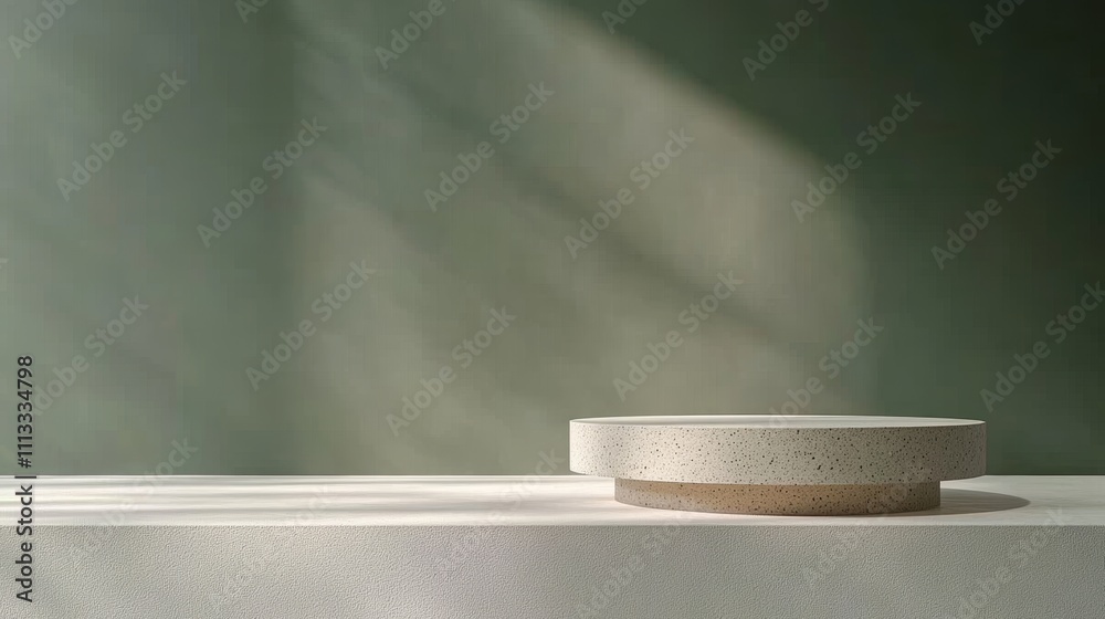 Poster modern round stone pedestal table with light gray surface against muted green wall and soft shadows