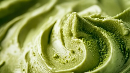 Obraz premium ultra-close macro shot of premium matcha frozen cream, luxurious swirled texture, elegant food styling, botanical green tones, sophisticated dessert composition, fine grain detail, culinary artistry