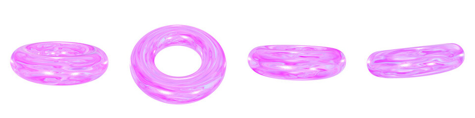 Set of 4 3d iridescent torus isolated on a transparent background. Pink tone. 3d elements for graphic design.